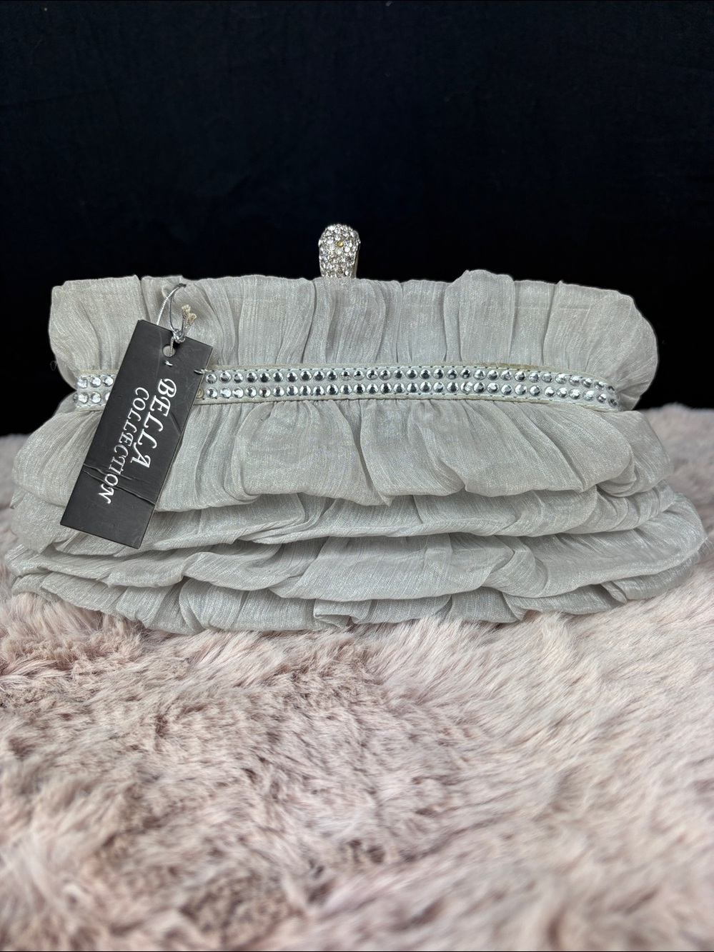 Bella Collection Silver Gray Ruffled Evening Clutch Purse NWT